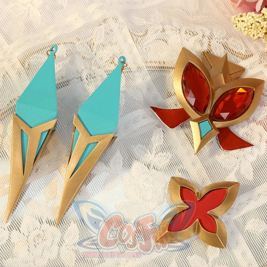 Alice Cosplay Costume accessory props including teal gem pendants and red floral ornament pieces