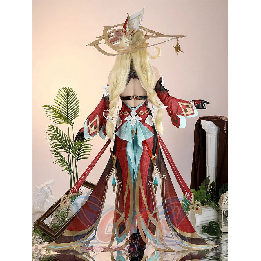 Alice Cosplay Costume front view showing elegant long dress with red and teal panels and ornate witch hat