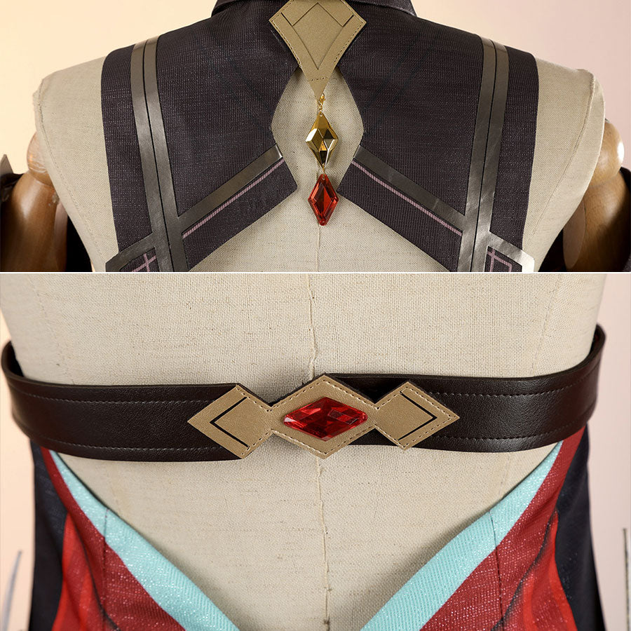 Alice Cosplay Costume back detail showing shoulder straps, collar pendant, and waist belt with gem ornament