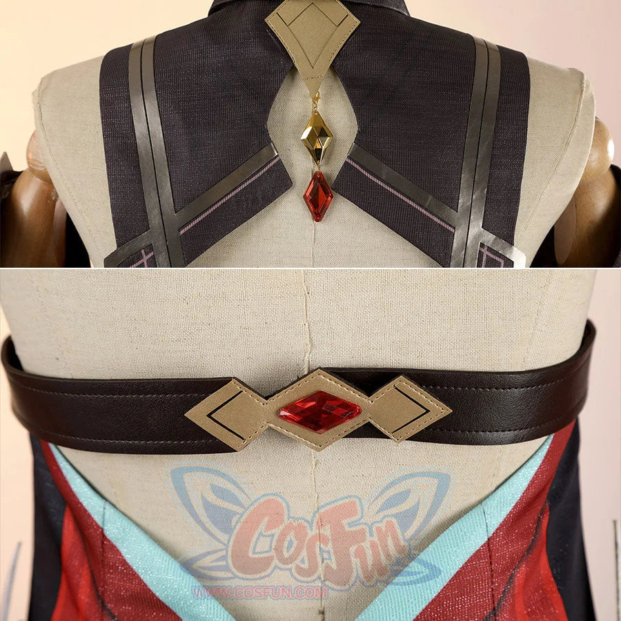 Alice Cosplay Costume back detail showing shoulder straps, collar pendant, and waist belt with gem ornament