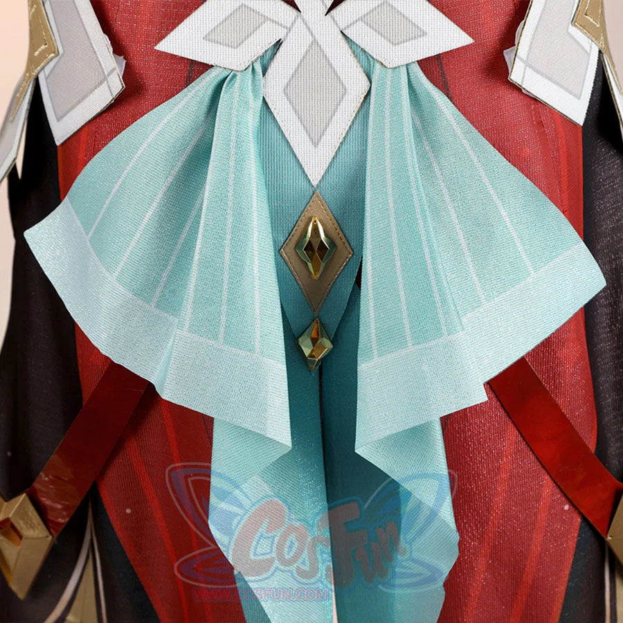 Alice Cosplay Costume skirt detail showing teal fabric panels with white bows and golden gem charms