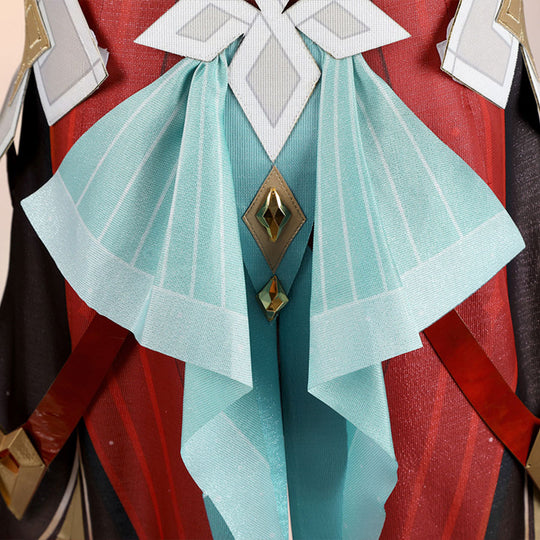 Alice Cosplay Costume skirt detail showing teal fabric panels with white bows and golden gem charms