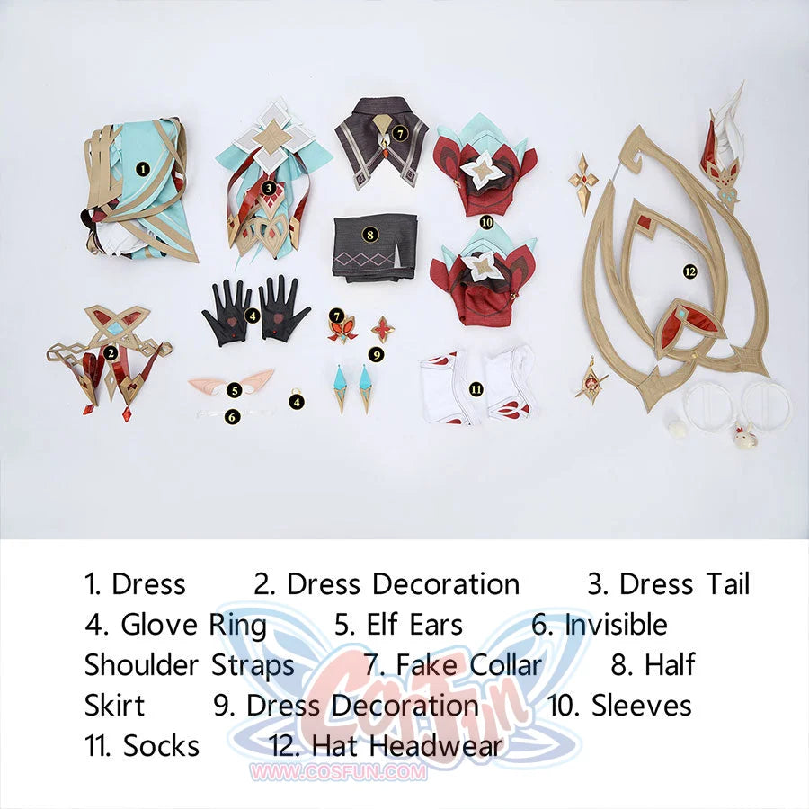 Alice Cosplay Costume complete set breakdown showing all included pieces and accessories with labels