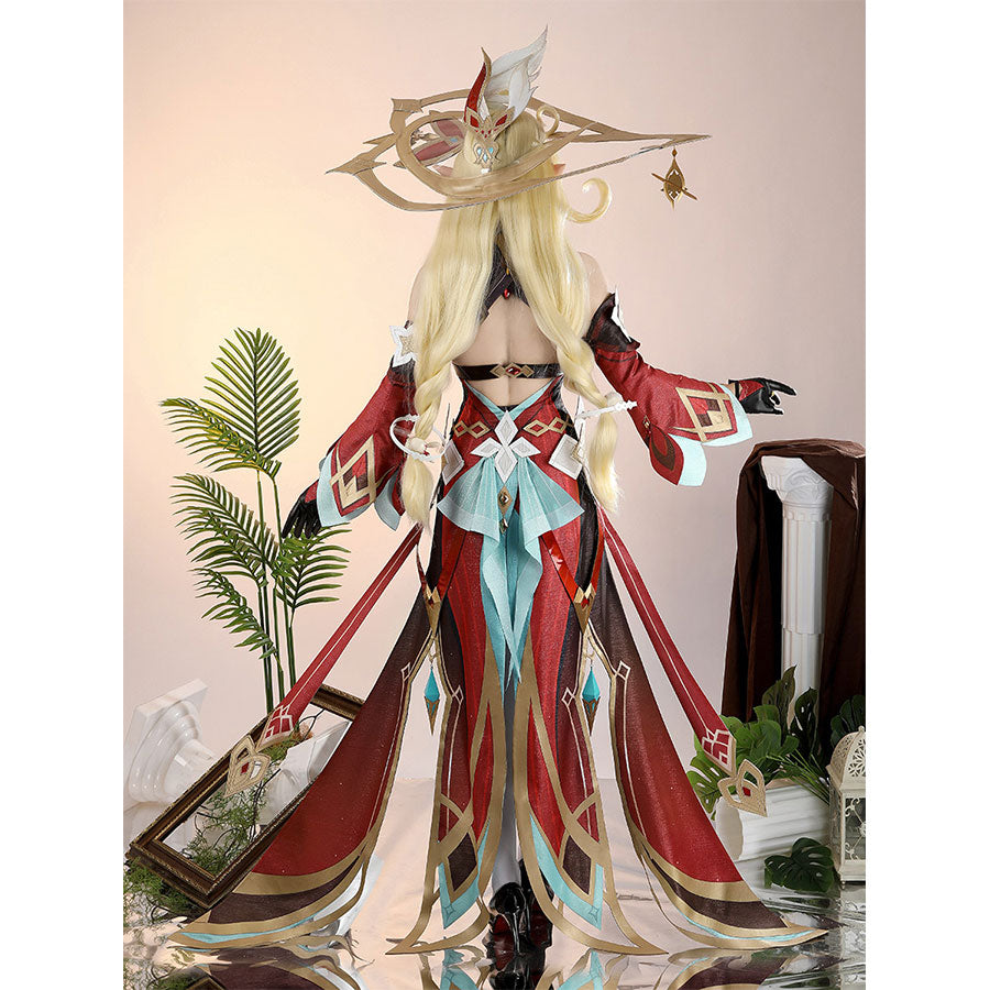 Alice Cosplay Costume full outfit with witch hat, red and teal dress, staff, and accessories from Genshin Impact