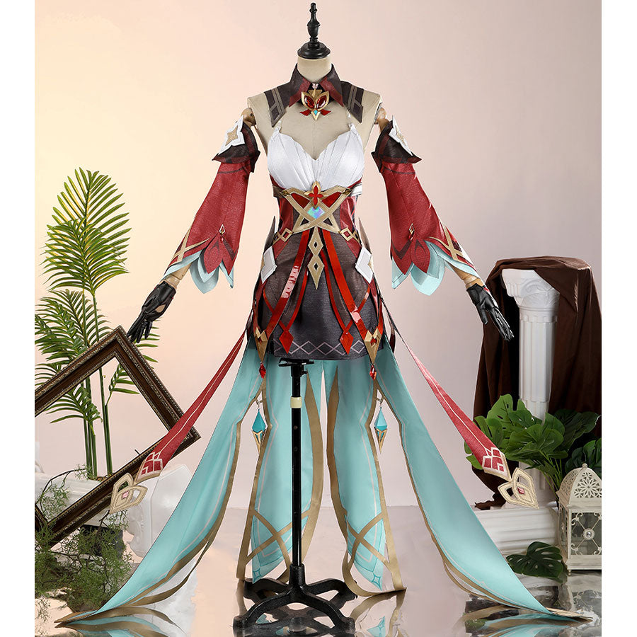 Alice Cosplay Costume displayed on mannequin showing detailed dress construction with white top and flowing teal skirt