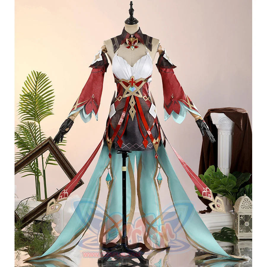 Alice Cosplay Costume displayed on mannequin showing detailed dress construction with white top and flowing teal skirt