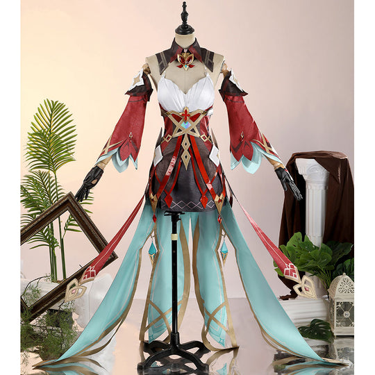 Alice Cosplay Costume displayed on mannequin showing detailed dress construction with white top and flowing teal skirt