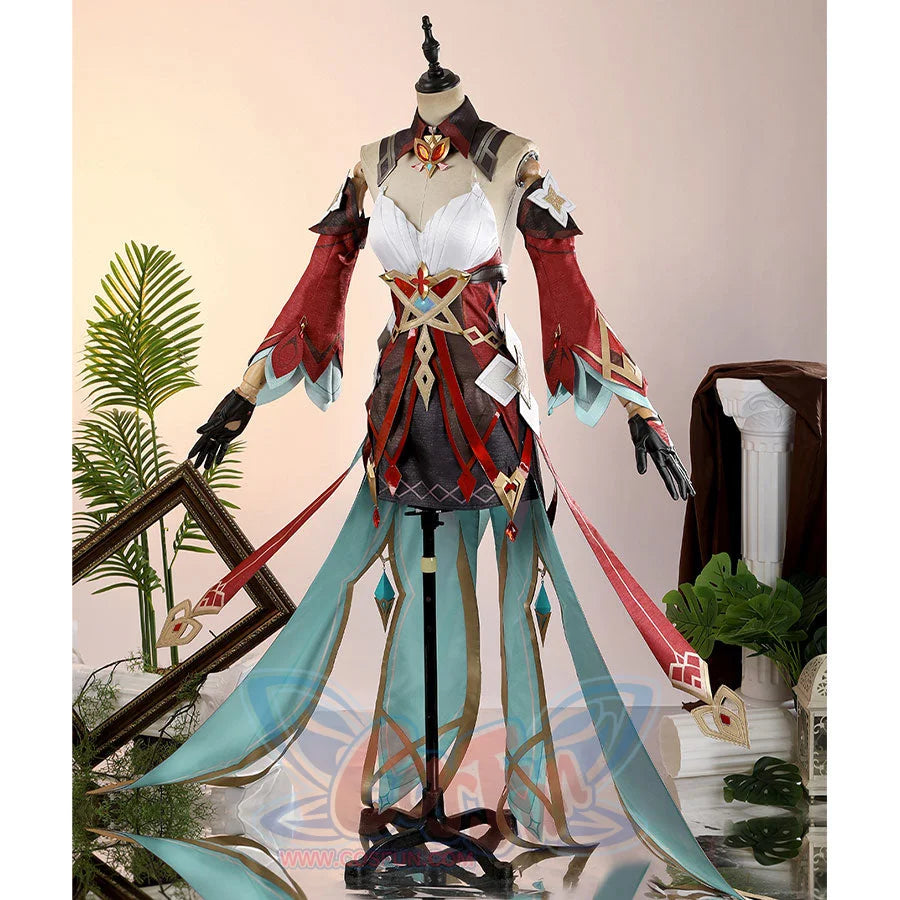 Alice Cosplay Costume full view on mannequin showcasing red sleeves, bodice details, and flowing skirt panels