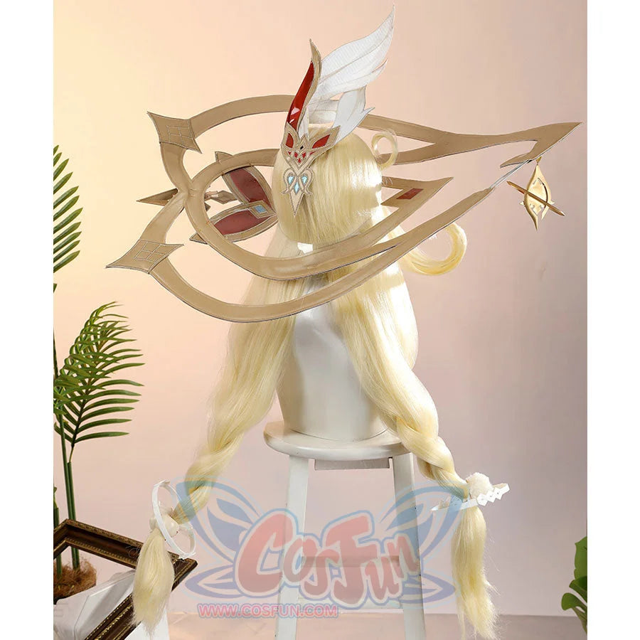 Alice Cosplay Costume wig and hat side view showing long blonde hair and intricate hat construction