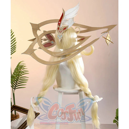 Alice Cosplay Costume wig and hat side view showing long blonde hair and intricate hat construction