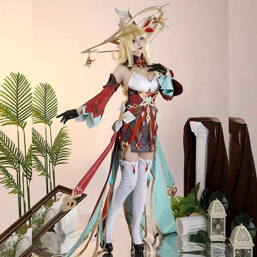 Alice Cosplay Costume full outfit with witch hat, red and teal dress, staff, and accessories from Genshin Impact