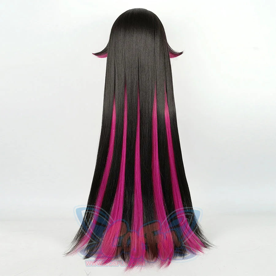 Columbina cosplay wig with long black hair and vibrant  black and dark pink  highlights on mannequin head
