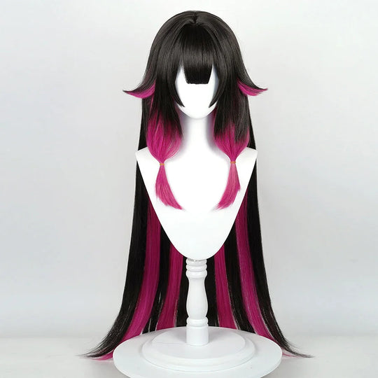 Columbina cosplay wig with long black hair and vibrant  black and dark pink  highlights on mannequin head