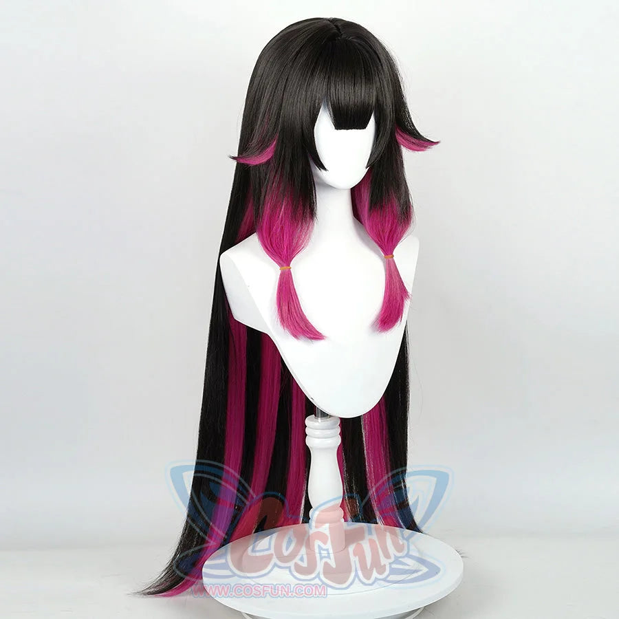 Columbina cosplay wig left side view featuring black hair with pink highlights and neat bangs