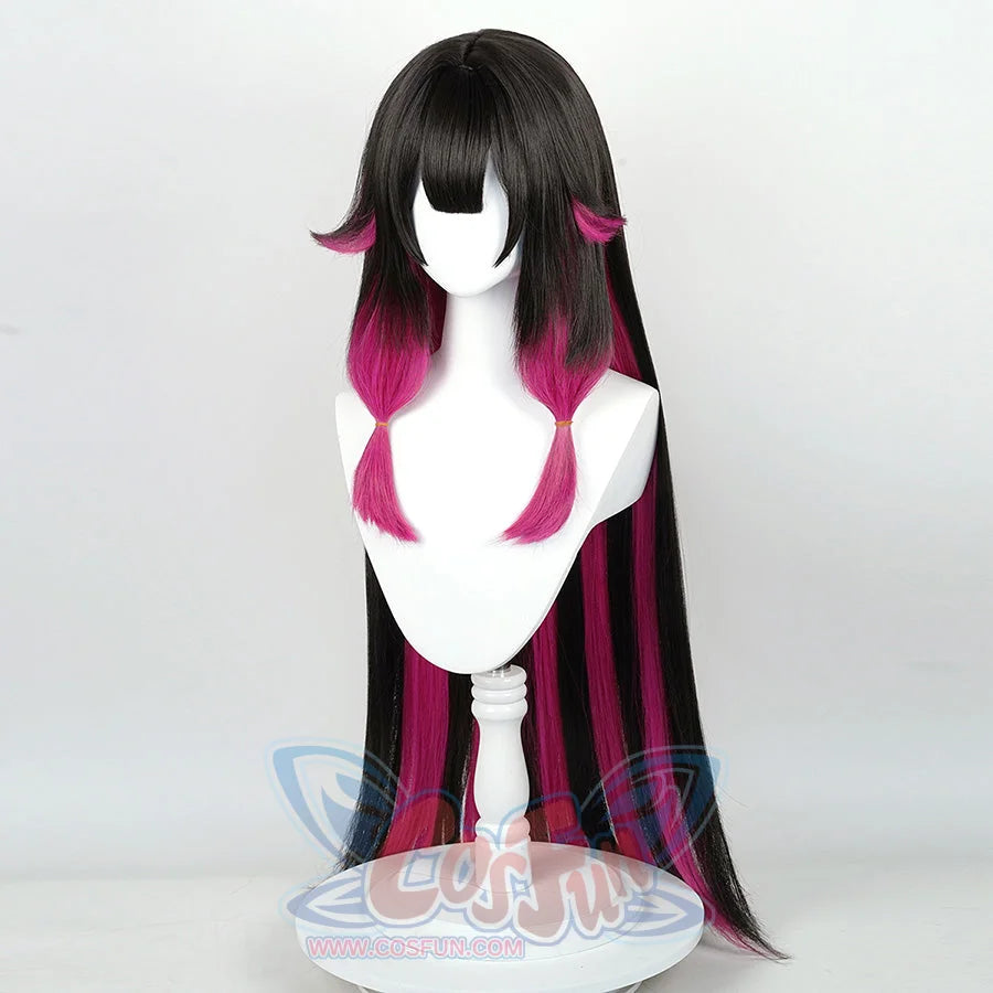 Columbina cosplay wig right side view featuring black hair with pink highlights and bangs