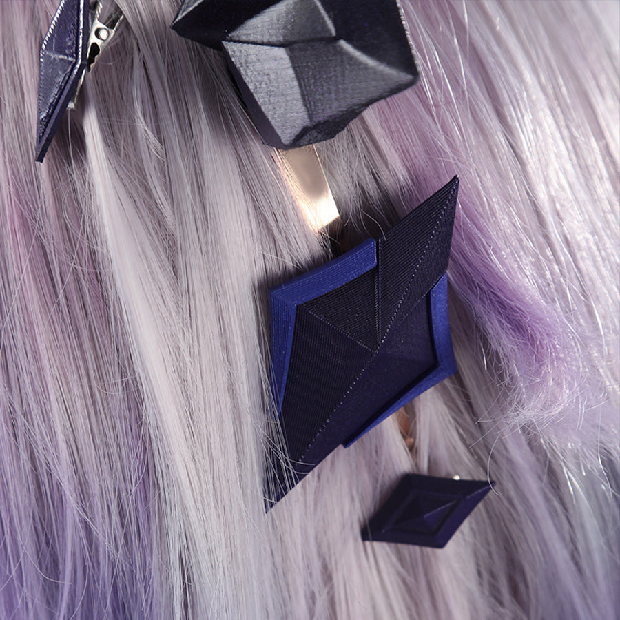 Genshin Impact Durin cosplay costume horn clips dark blue geometric design lavender wig strands