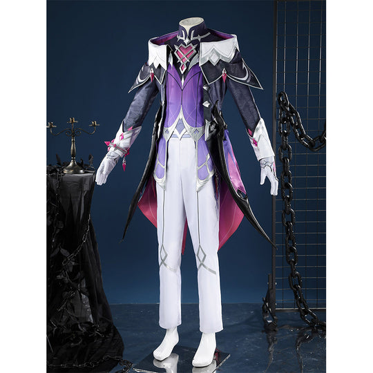 Genshin Impact Durin cosplay costume front display dark armor white shoulders pink chest gem pants