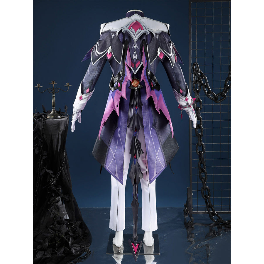 Genshin Impact Durin cosplay costume back view dark armor white shoulders