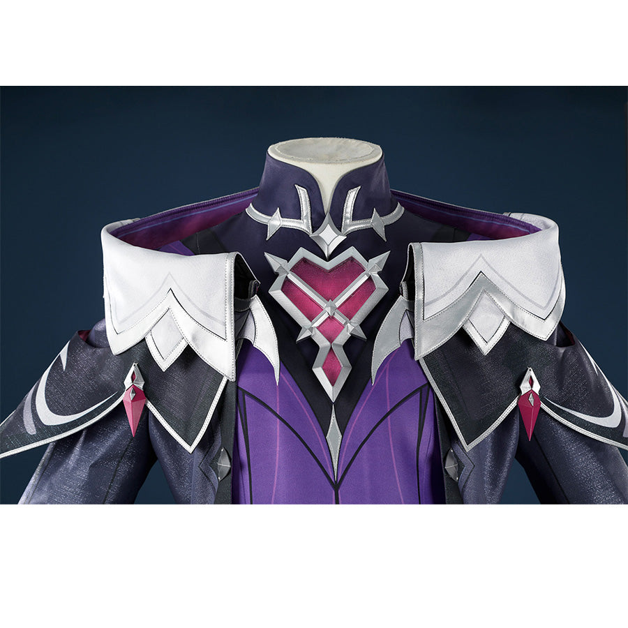 Genshin Impact Durin cosplay costume front view white shoulders pink gems dark blue purple armor