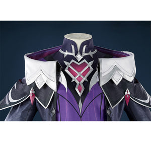 Genshin Impact Durin cosplay costume front view white shoulders pink gems dark blue purple armor