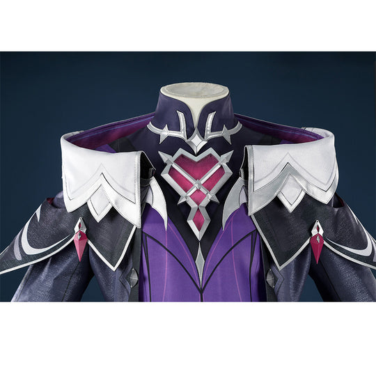 Genshin Impact Durin cosplay costume front view white shoulders pink gems dark blue purple armor