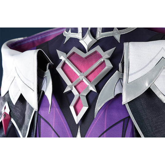 Genshin Impact Durin cosplay costume chest piece closeup pink diamond gems silver white accents