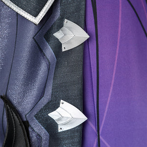 Genshin Impact Durin cosplay costume silver armor plate details dark blue purple fabric sections