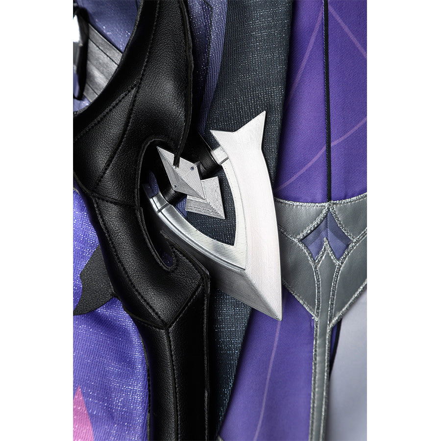 Genshin Impact Durin cosplay costume belt detail silver star accents dark leather purple fabric