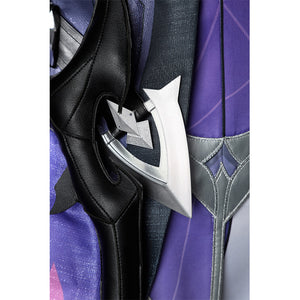 Genshin Impact Durin cosplay costume belt detail silver star accents dark leather purple fabric