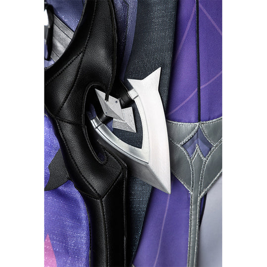 Genshin Impact Durin cosplay costume belt detail silver star accents dark leather purple fabric