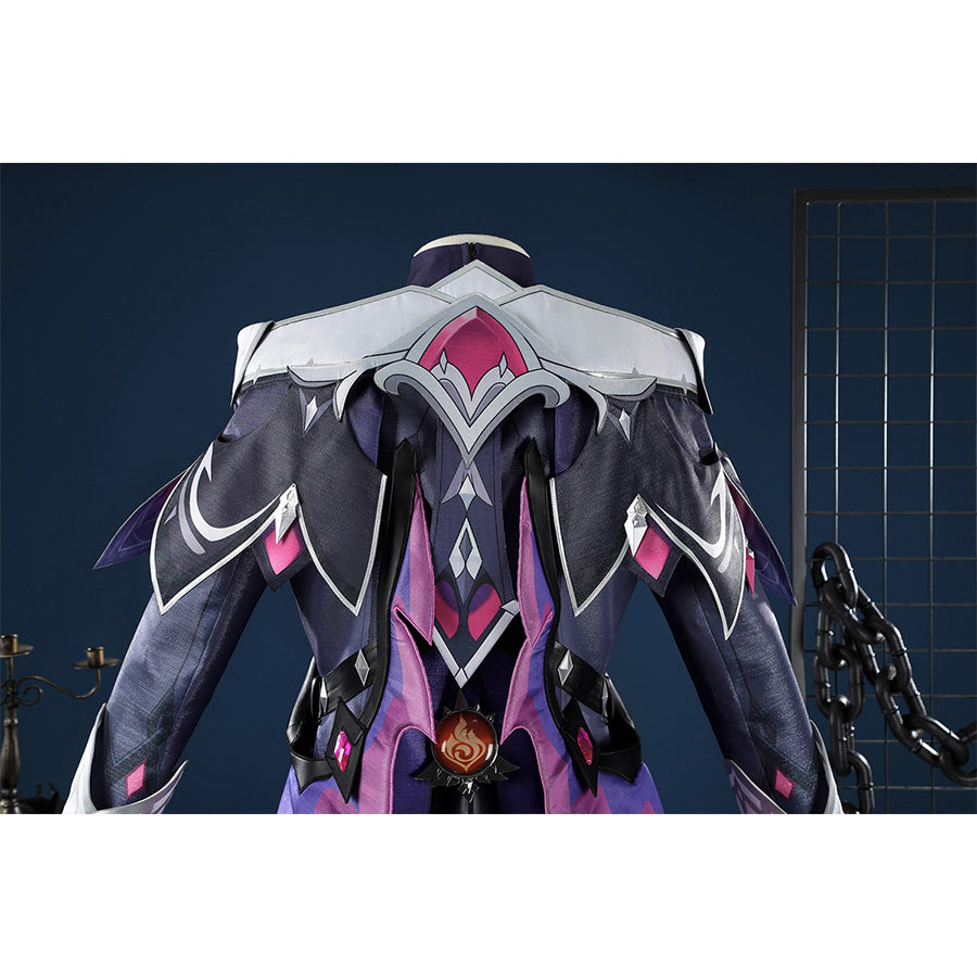 Genshin Impact Durin cosplay costume back view dark blue armor pink crystal accents white shoulders