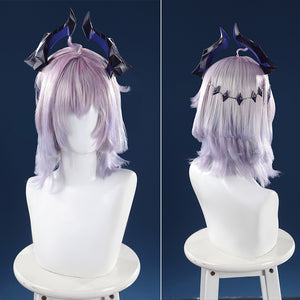 Genshin Impact Durin cosplay costume wig lavender hair dark blue horns front and back views