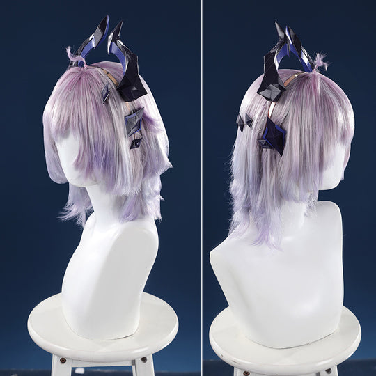 Genshin Impact Durin cosplay costume wig display lavender hair black horns multiple angles
