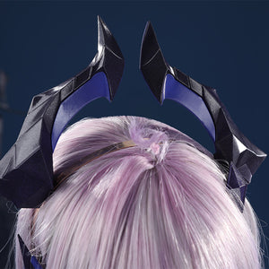 Genshin Impact Durin cosplay costume horned headpiece lavender wig dark blue curved horn design