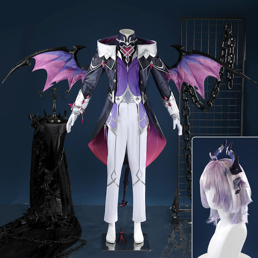 Genshin Impact Durin cosplay costume full view with purple wings dark armor white outfit