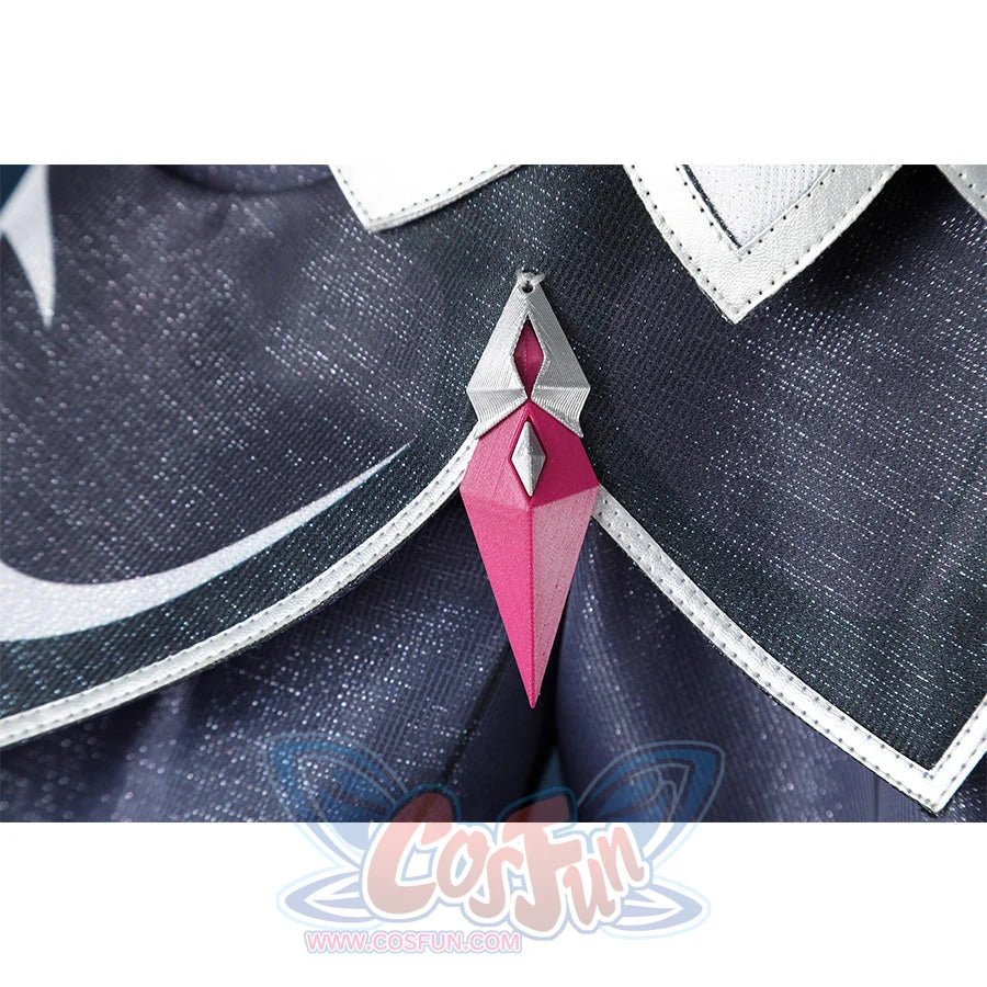 Genshin Impact Durin cosplay costume pink diamond gem detail silver mounting dark blue fabric