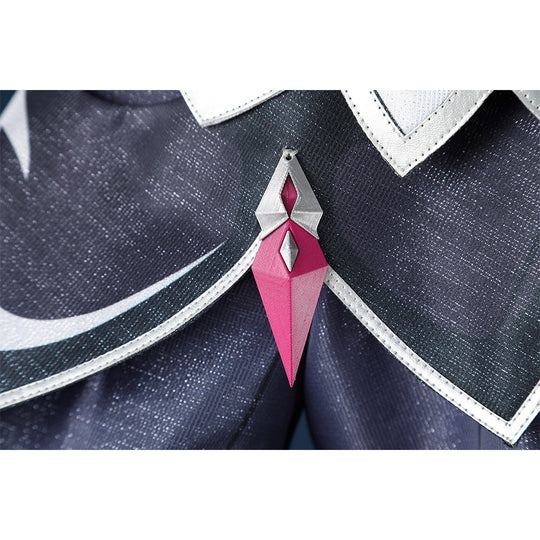 Genshin Impact Durin cosplay costume pink diamond gem detail silver mounting dark blue fabric
