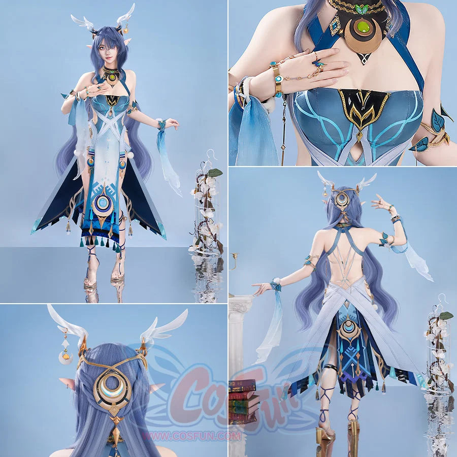 Displays the complete front look—strapless blue - white dress, gold accents, and unique chest decor. Ideal for elaborate cosplay events.