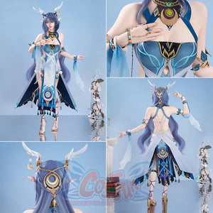Collage of a character in a detailed costume with blue hair and accessories on a light blue background.