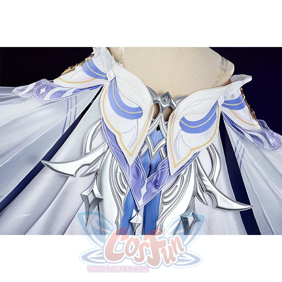 Columbina cosplay costume back detail with blue gradient patterns and gold trim embellishments