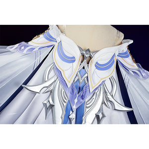 Columbina cosplay costume back detail with blue gradient patterns and gold trim embellishments