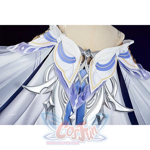 Columbina cosplay costume back detail with blue gradient patterns and gold trim embellishments