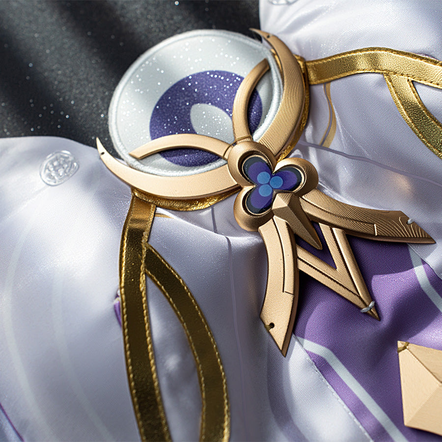 Columbina cosplay costume chest brooch featuring gold frame, blue gem, and crescent moon design