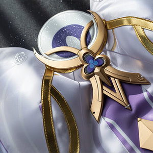 Columbina cosplay costume chest brooch featuring gold frame, blue gem, and crescent moon design
