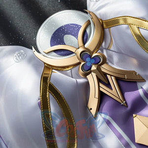 Columbina cosplay costume chest brooch featuring gold frame, blue gem, and crescent moon design