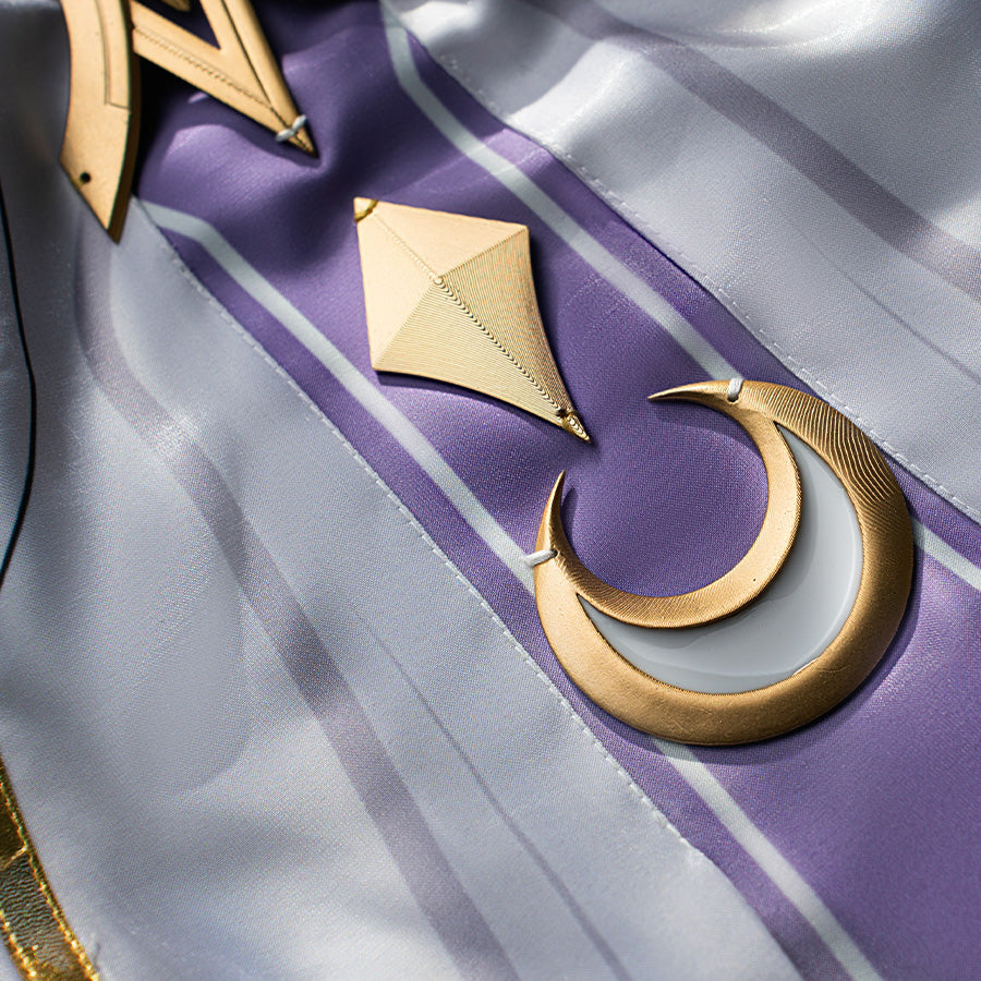 Columbina cosplay costume fabric detail with gold geometric ornaments and purple gradient material