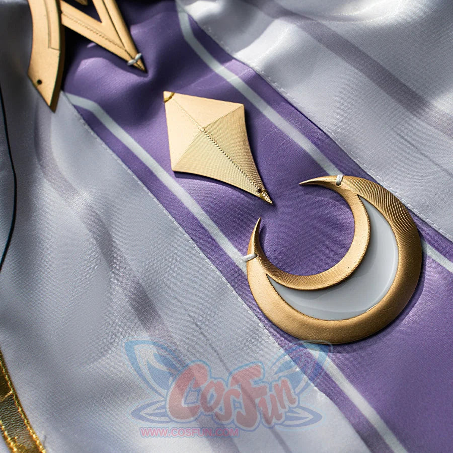 Columbina cosplay costume fabric detail with gold geometric ornaments and purple gradient material