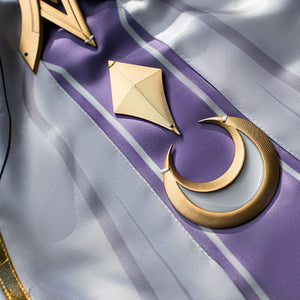 Columbina cosplay costume fabric detail with gold geometric ornaments and purple gradient material