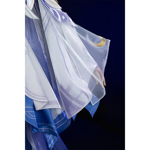 Columbina cosplay costume sleeve detail with sheer layered fabric and gold crescent moon accent