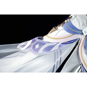 Columbina cosplay costume waist detail showcasing star patterns, blue fabric, and gold chain trim